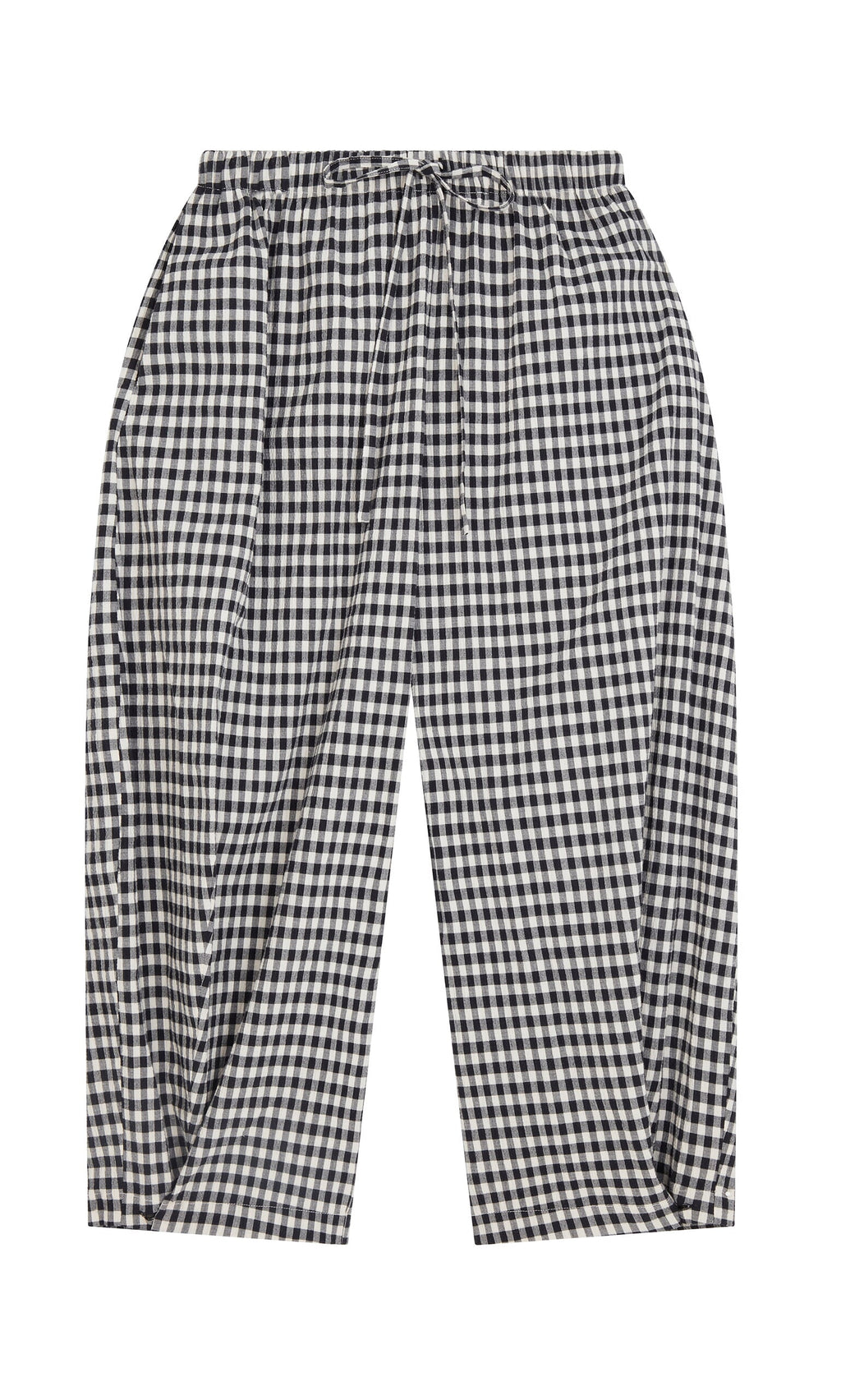 Plümo- Butoni Pants - Black and White gingham wide leg with elastic waistband, shown flat on a white background.
