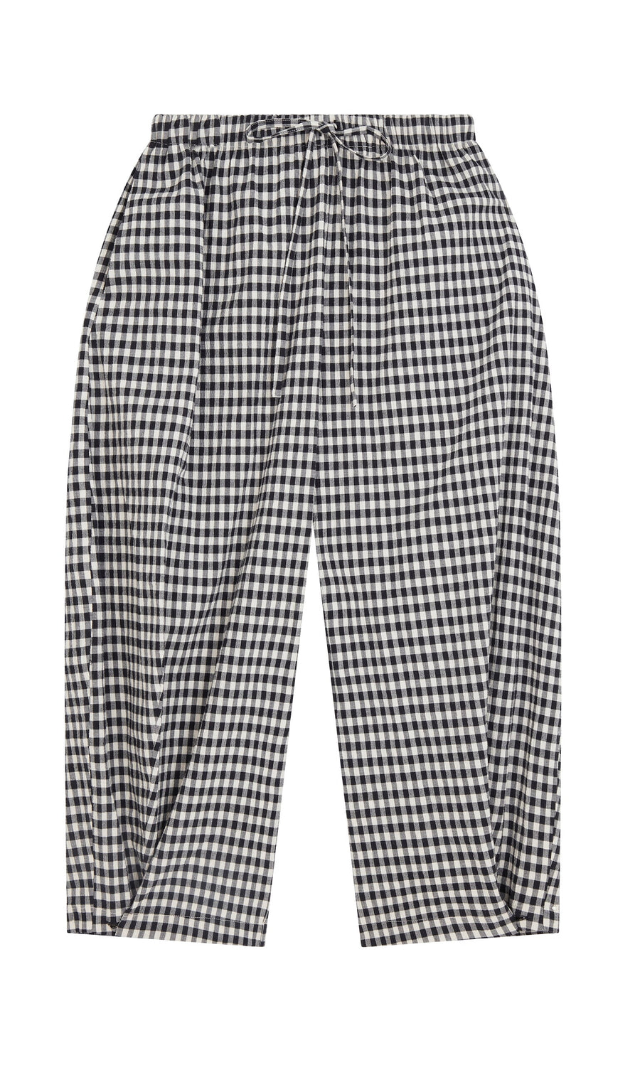 Plümo- Butoni Pants - Black and White gingham wide leg with elastic waistband, shown flat on a white background.