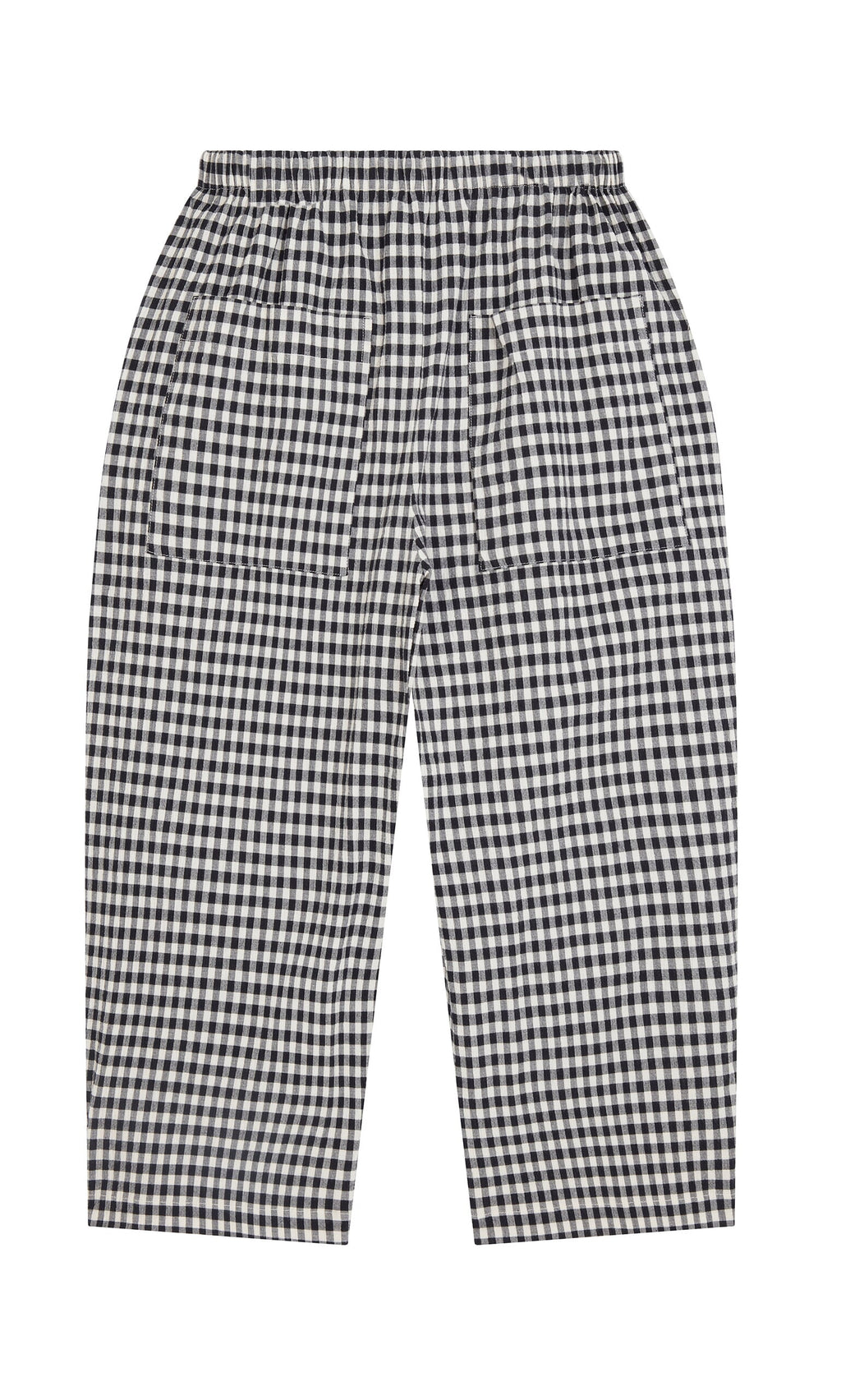 Plümo- Butoni Pants - Black and White: wide leg gingham pants with elastic waistband and two front pockets, displayed flat.
