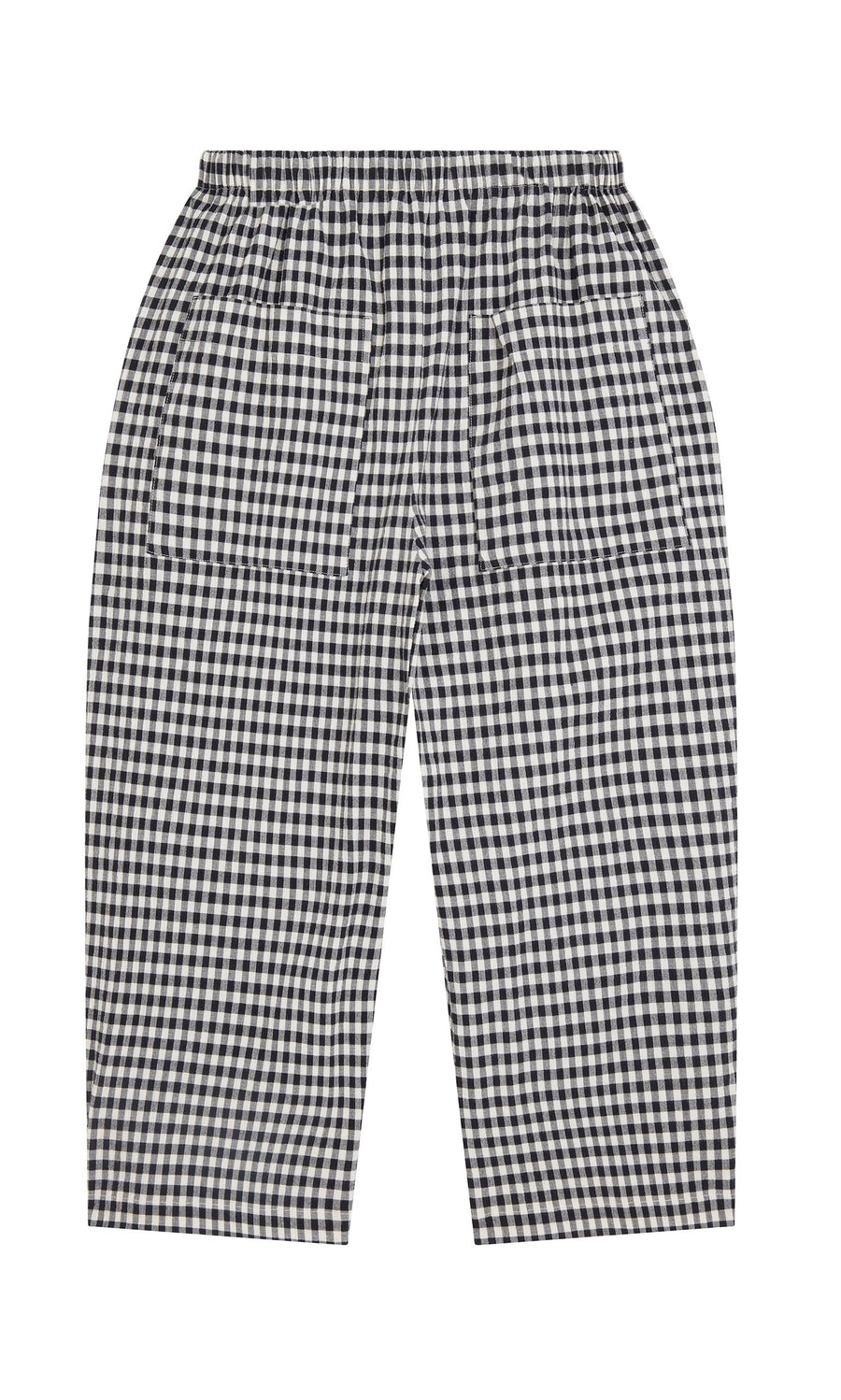 Plümo- Butoni Pants - Black and White: wide leg gingham pants with elastic waistband and two front pockets, displayed flat.
