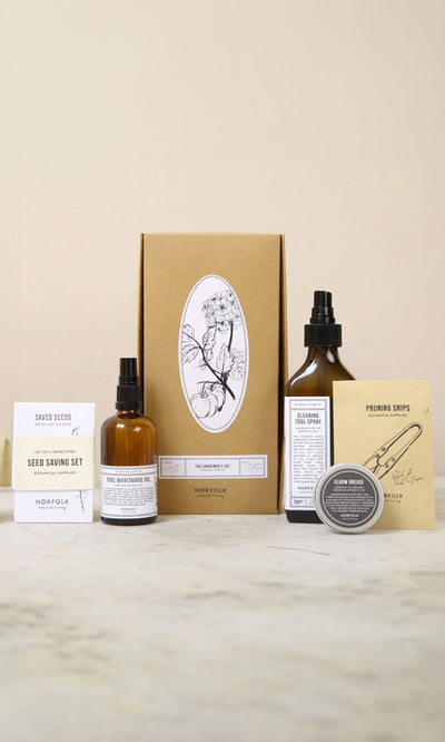 Plümo- The Gardeners Gift Set: bottles, seed packets, snips & balm tin—an ideal vegan gardening gift.