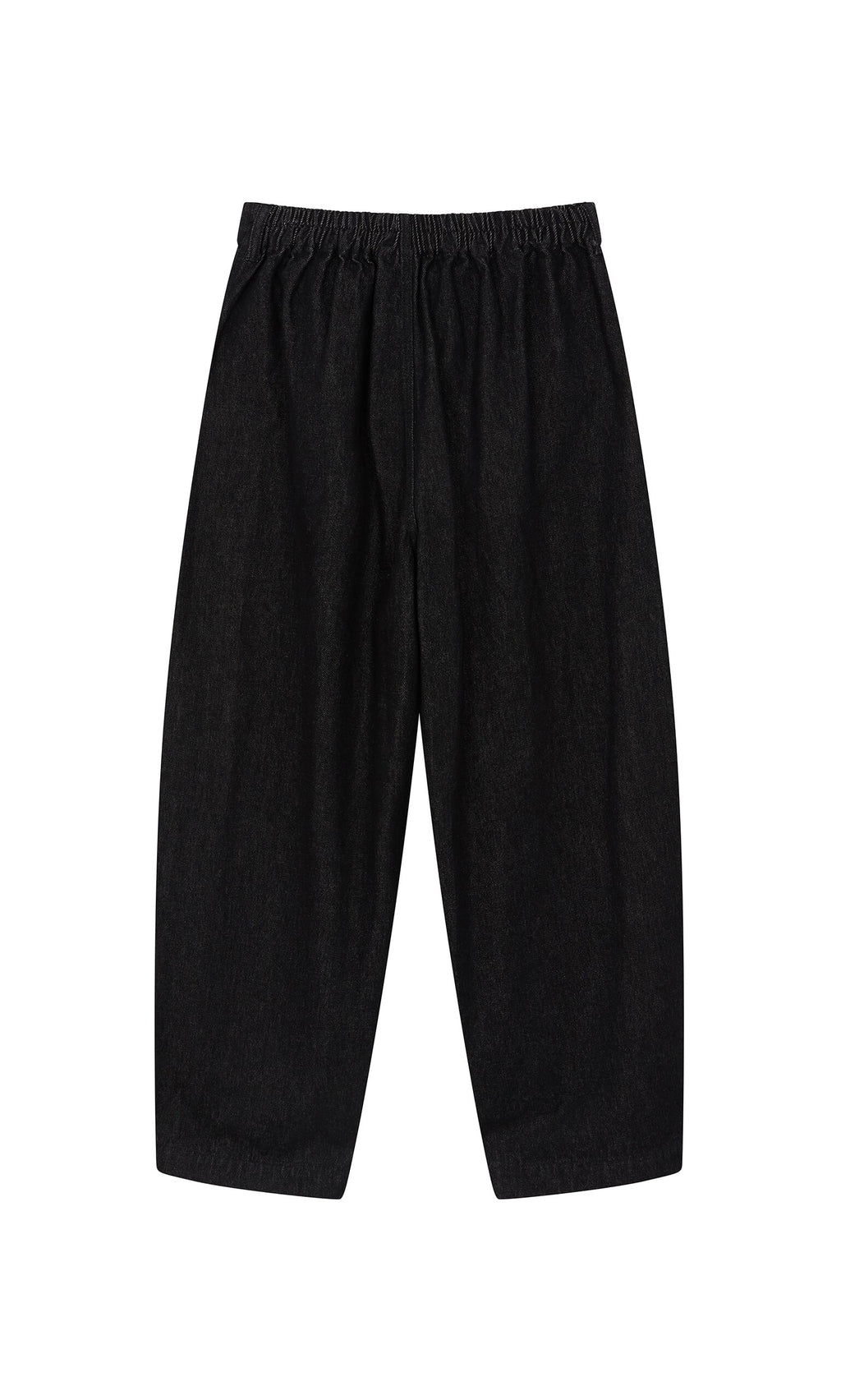 Plümo- Black Barrel Pants with a relaxed, wide-leg fit and elastic waistband, shown flat on a white background.