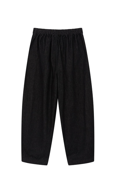 Plümo- Black Barrel Pants with a relaxed, wide-leg fit and elastic waistband, shown flat on a white background.