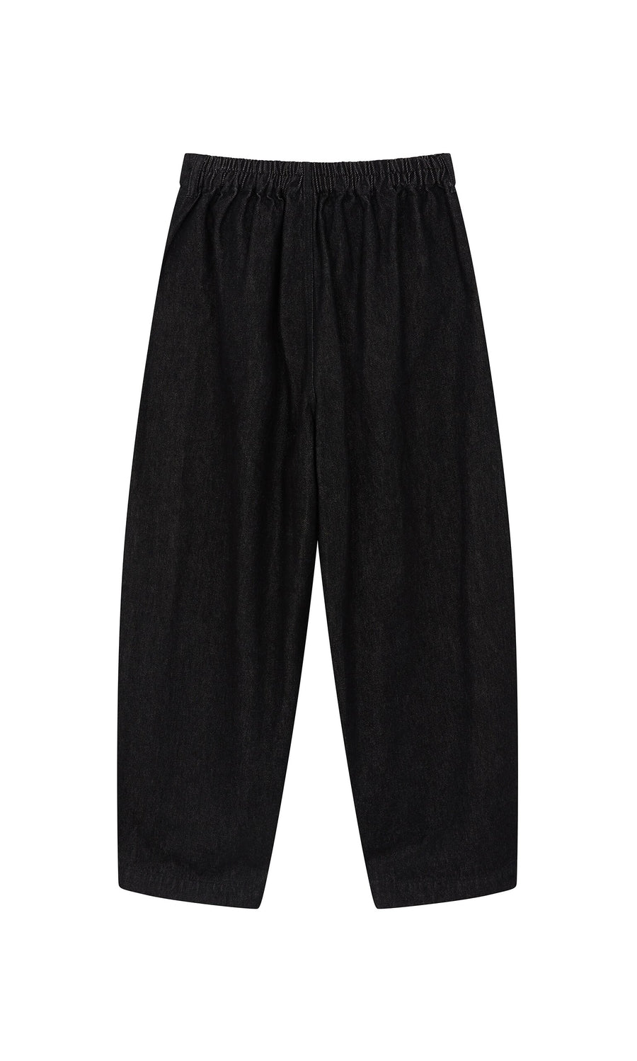 Plümo- Black Barrel Pants with a relaxed, wide-leg fit and elastic waistband, shown flat on a white background.