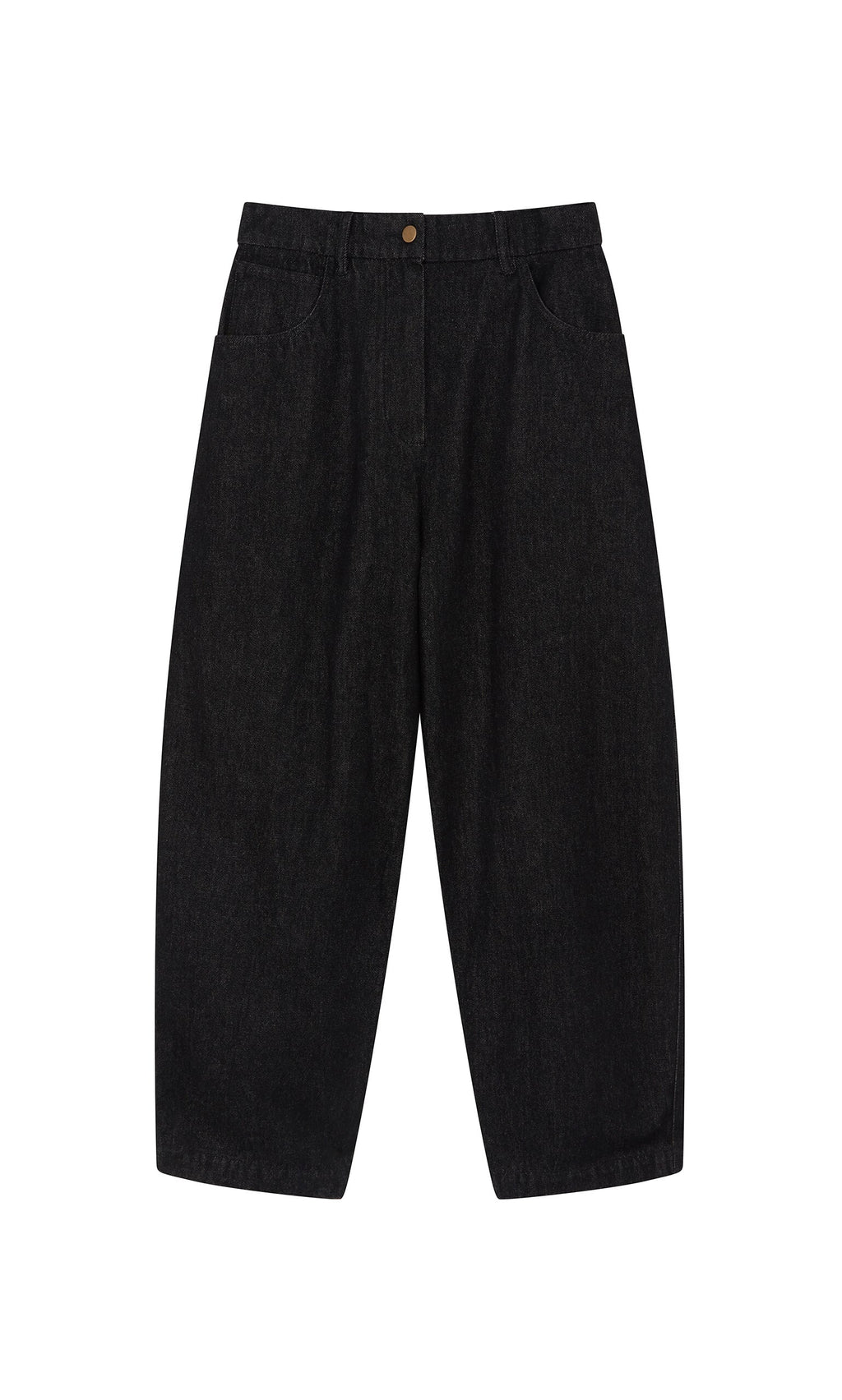 Plümo- Black Barrel Pants feature wide legs and side pockets, laid flat on white for a relaxed silhouette.