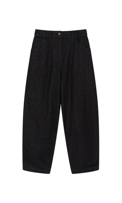 Plümo- Black Barrel Pants feature wide legs and side pockets, laid flat on white for a relaxed silhouette.