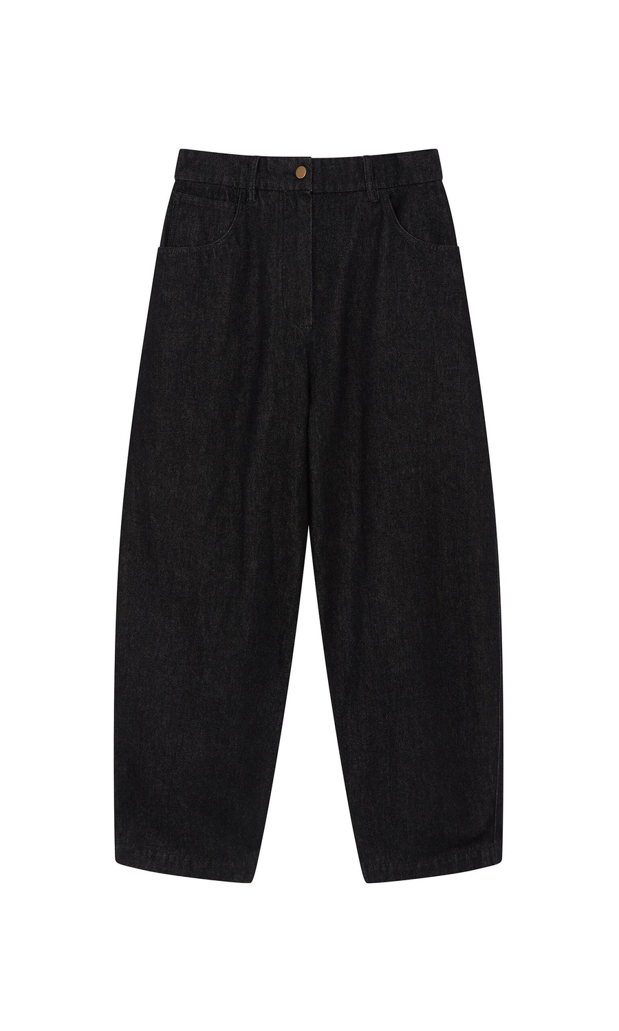 Plümo- Black Barrel Pants feature wide legs and side pockets, laid flat on white for a relaxed silhouette.