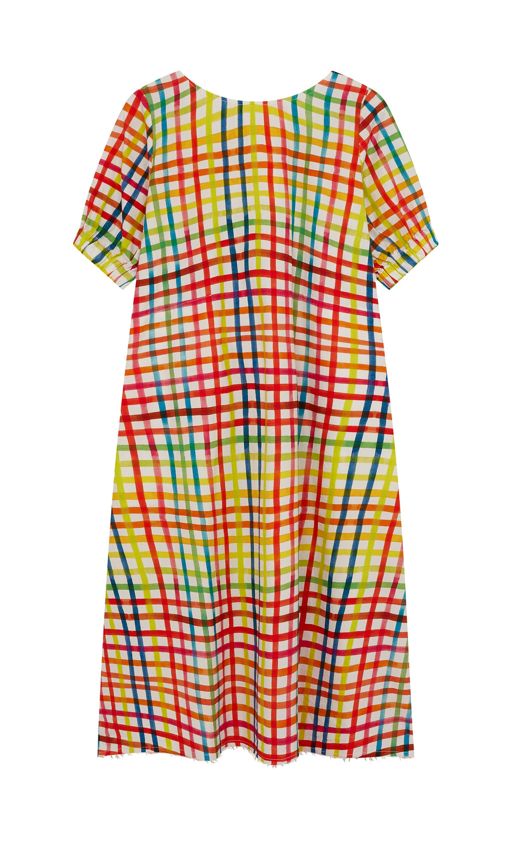 Plümo- Thea Dress: Short-sleeved cotton-poplin with colorful plaid in red, yellow, green & blue on a white background.
