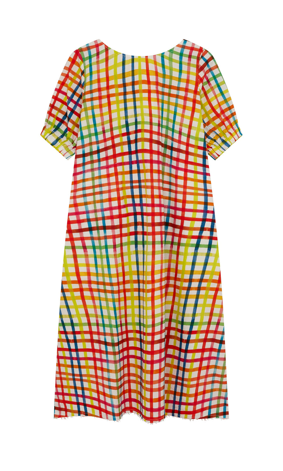 Plümo- Thea Dress: Short-sleeved cotton-poplin with colorful plaid in red, yellow, green & blue on a white background.