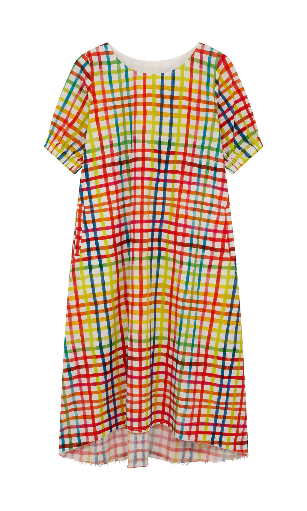 Plümo- Thea Dress: Short-sleeved cotton-poplin with multicolored plaid in red, yellow, blue & green on white.