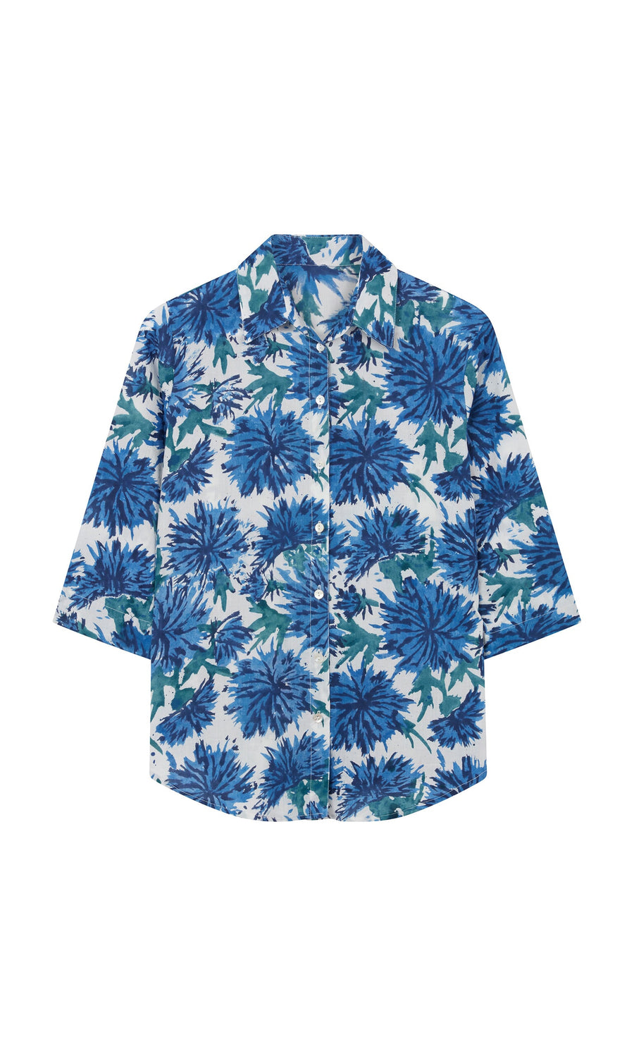 Plümo- Blue Thistle Shirt with green block-print thistle flowers, shell buttons, and three-quarter sleeves on white background.