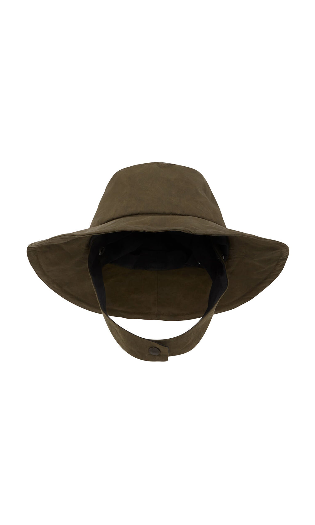 Plümo- Gaucho Waxed Hat in olive green cotton with chin strap, shown from the front on a white background.
