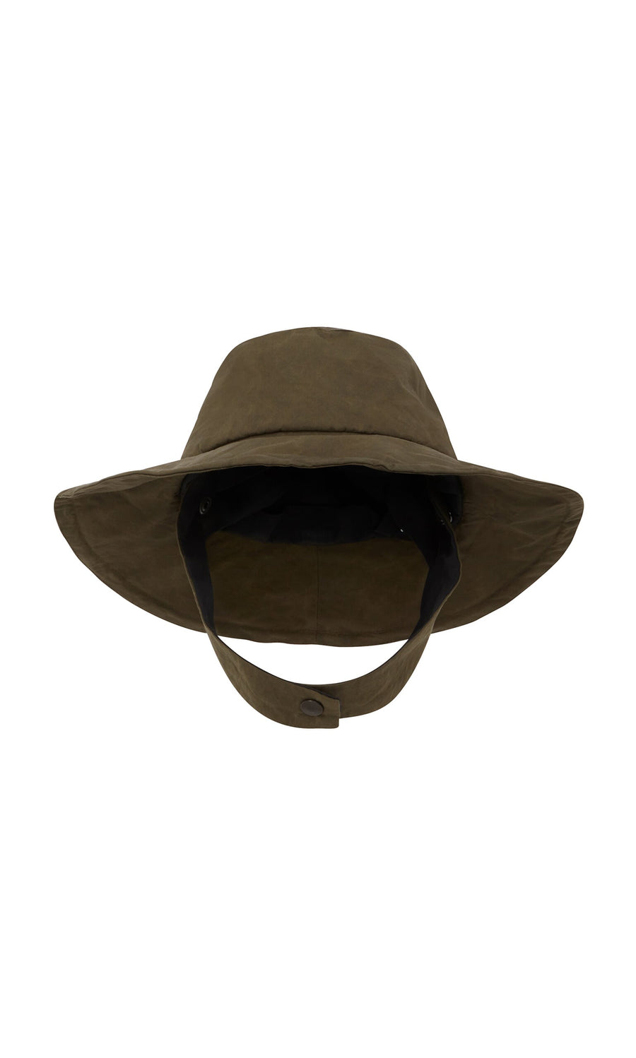Plümo- Gaucho Waxed Hat in olive green cotton with chin strap, shown from the front on a white background.