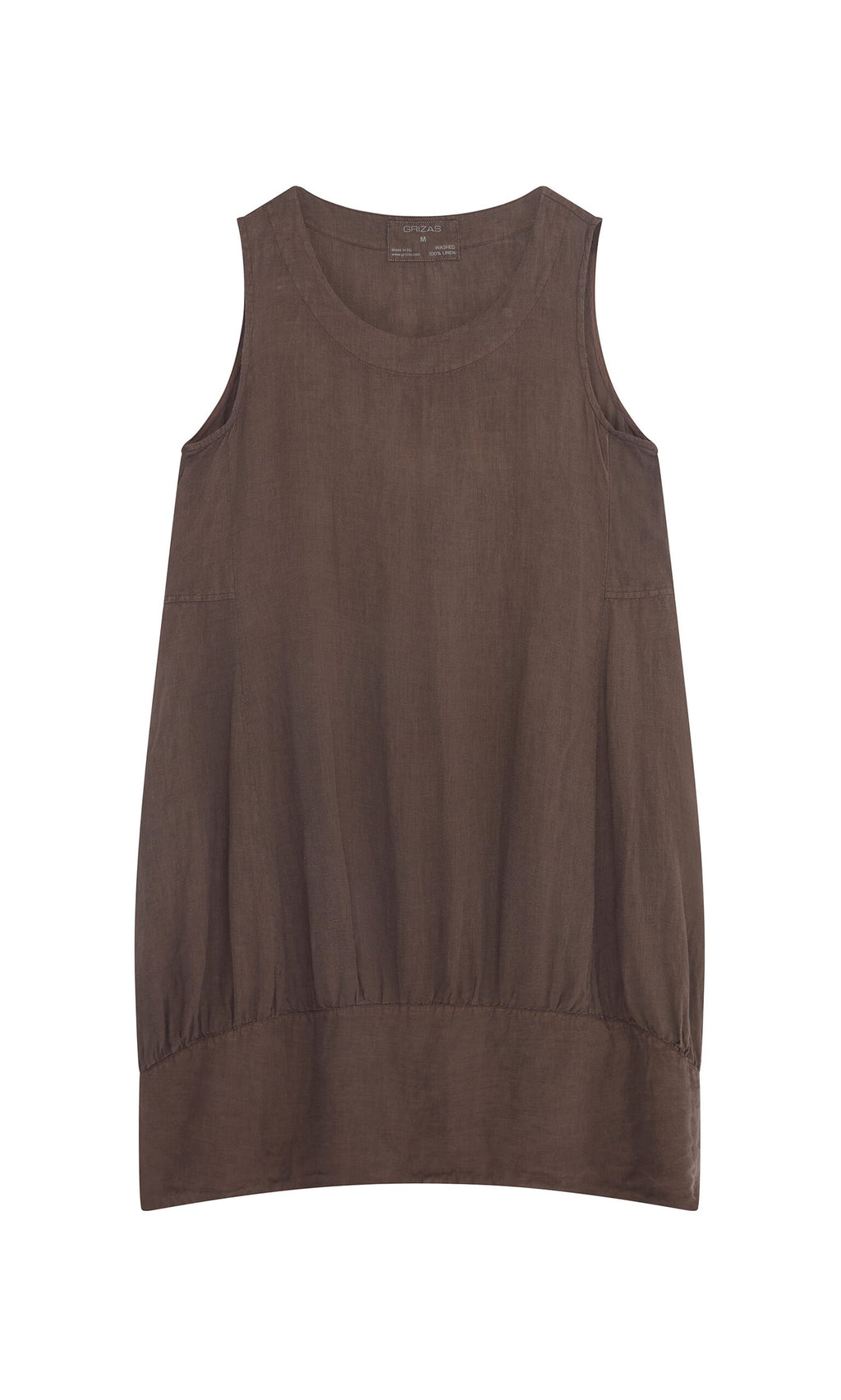 Plümo- Sleeveless, relaxed fit Toledo Dress in brown linen with a round neck and wide hem on a plain white background.