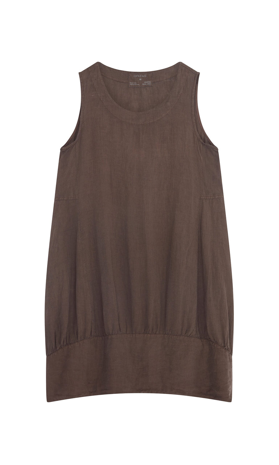Plümo- Sleeveless, relaxed fit Toledo Dress in brown linen with a round neck and wide hem on a plain white background.