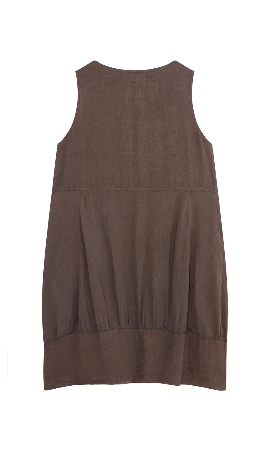 Plümo- Toledo Dress: Sleeveless brown washed linen with a relaxed, gathered fit, shown flat on a white background.