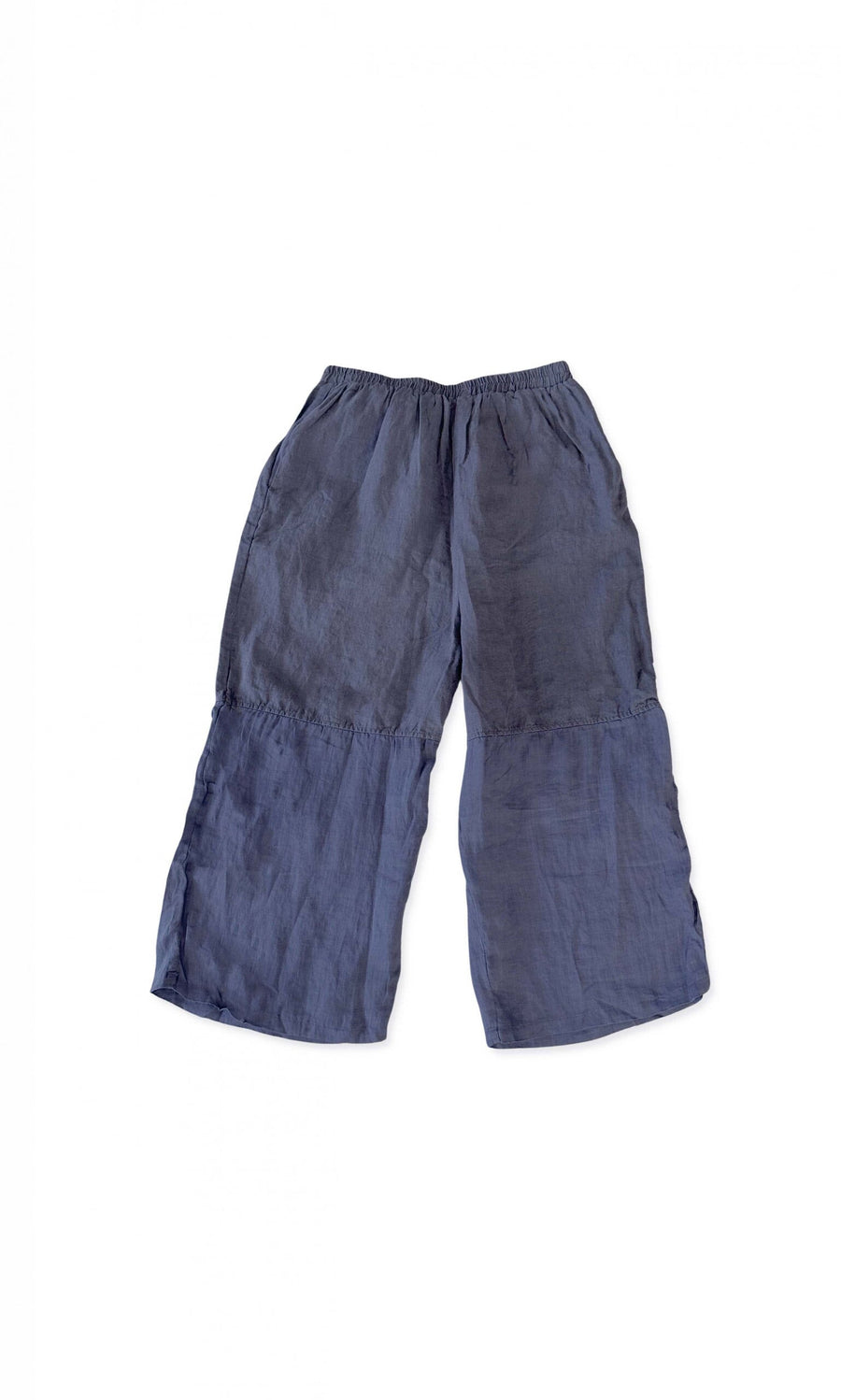 Plümo- Tomo Patch Trousers: Loose wide-leg linen pants with elastic waist, UK 8-12, shown flat on white background.