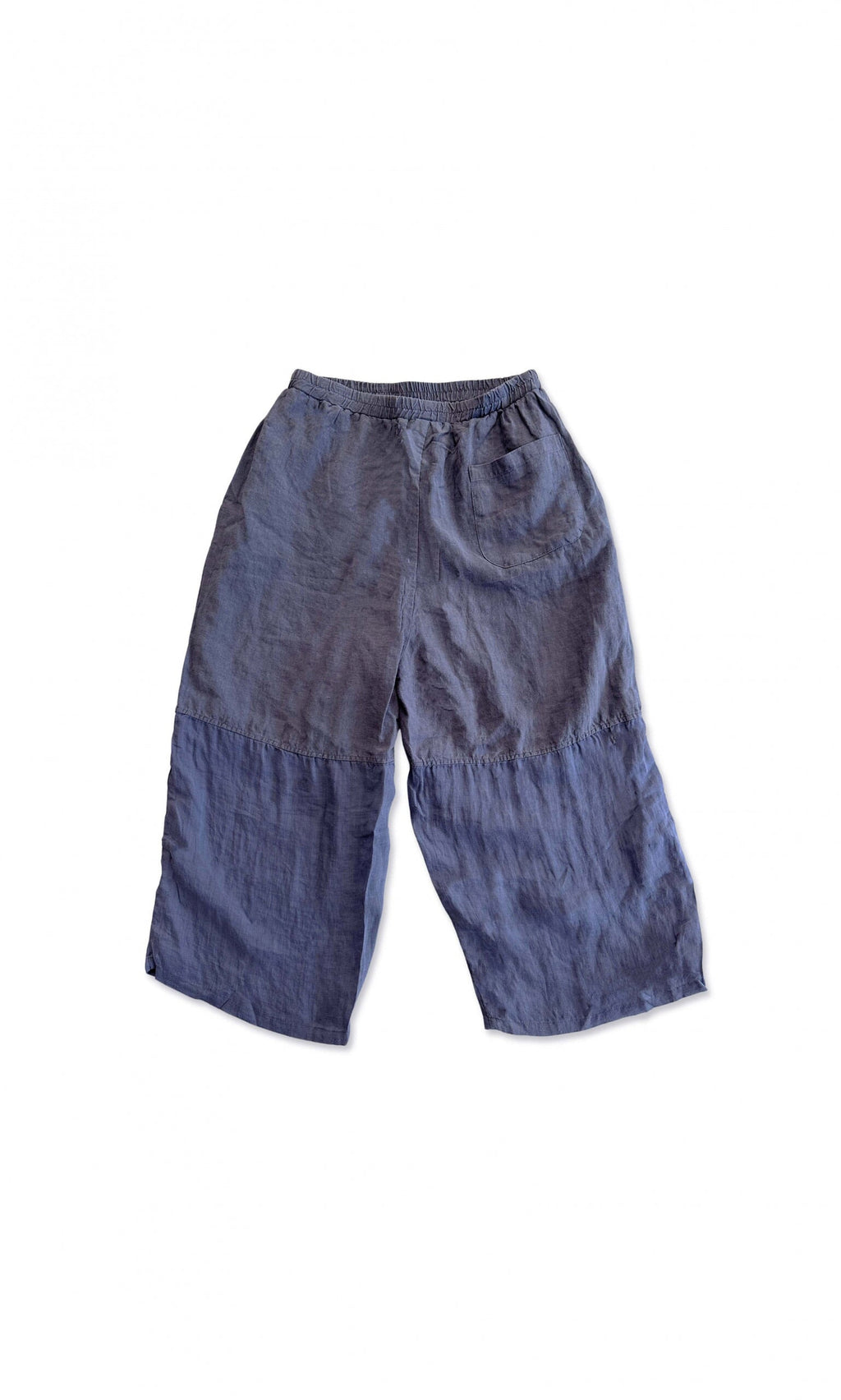 Plümo- Tomo Patch Trousers, loose wide-leg linen, UK size 8-12, elastic waist, shown flat on a white background.