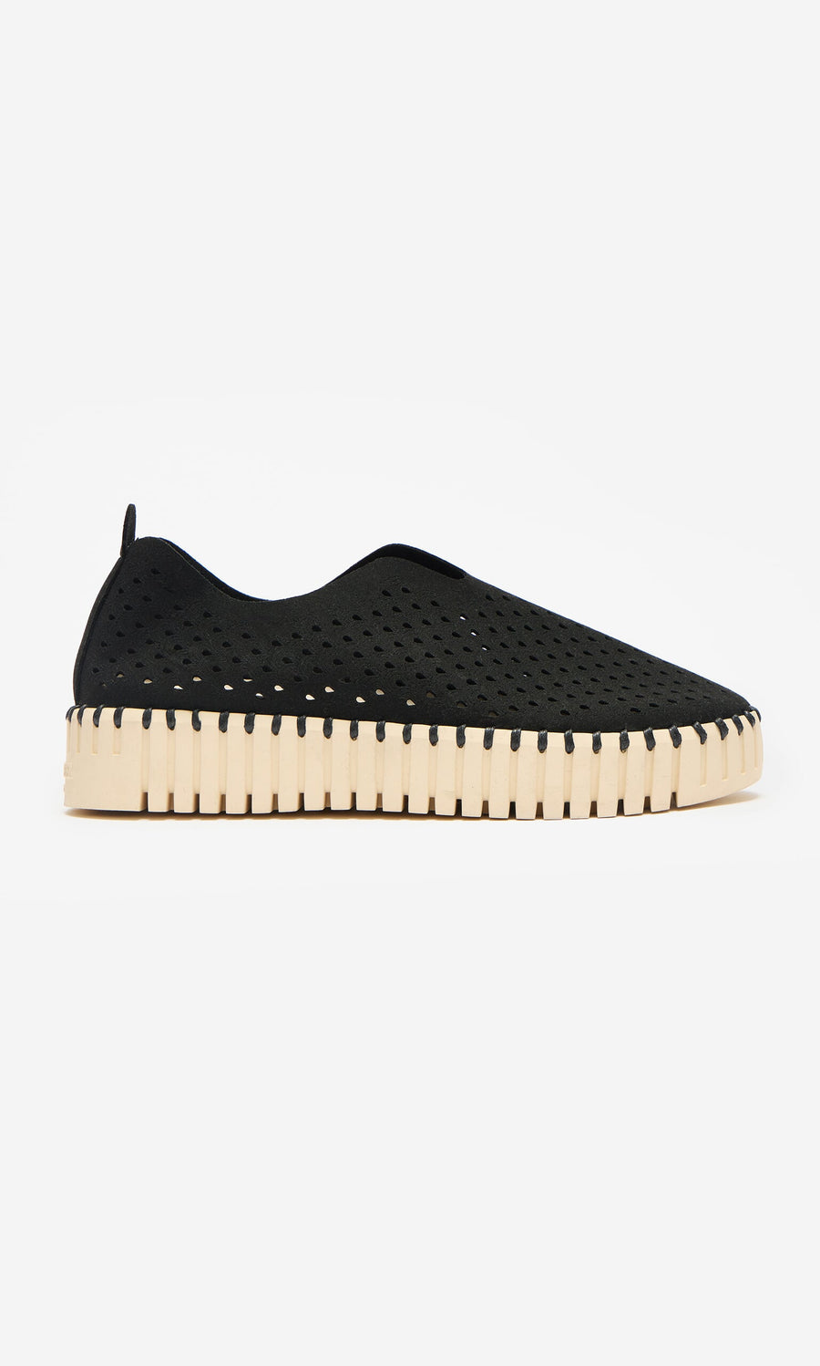 Plümo- Tulip Shoes - Carbon: black slip-ons with perforated recycled microfibre upper, beige ridged sole, side view.