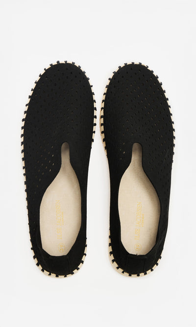 Plümo- A pair of Tulip Shoes - Carbon with perforated recycled microfibre uppers and light soles, viewed from above.
