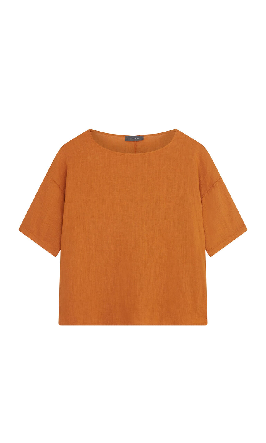 Plümo- Tulley Top: short-sleeved orange linen tee with boat neck, shown on a white background.