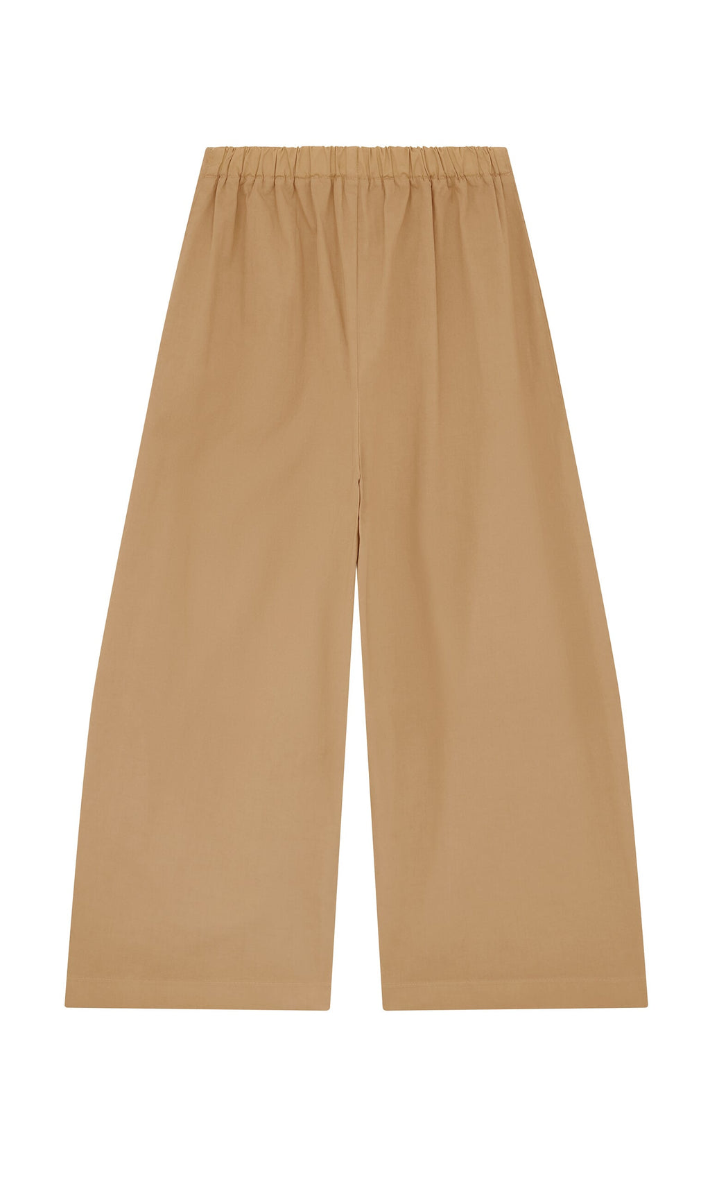 Plümo- Karate Pants in tan twill, wide-leg with elastic waistband, cropped; shown flat on a white background.