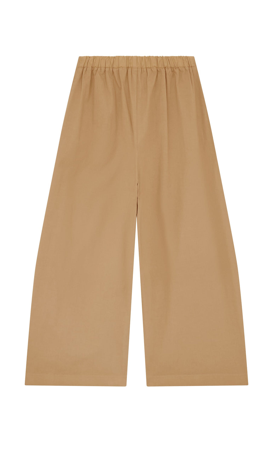Plümo- Karate Pants in tan twill, wide-leg with elastic waistband, cropped; shown flat on a white background.