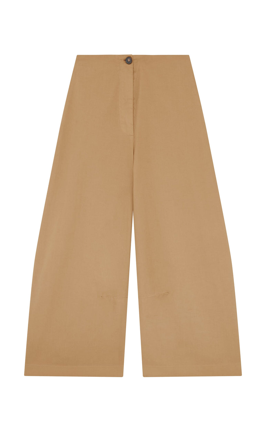 Plümo- Karate Pants: Cropped, wide-leg khaki twill with high waist and button closure, shown on a white background.