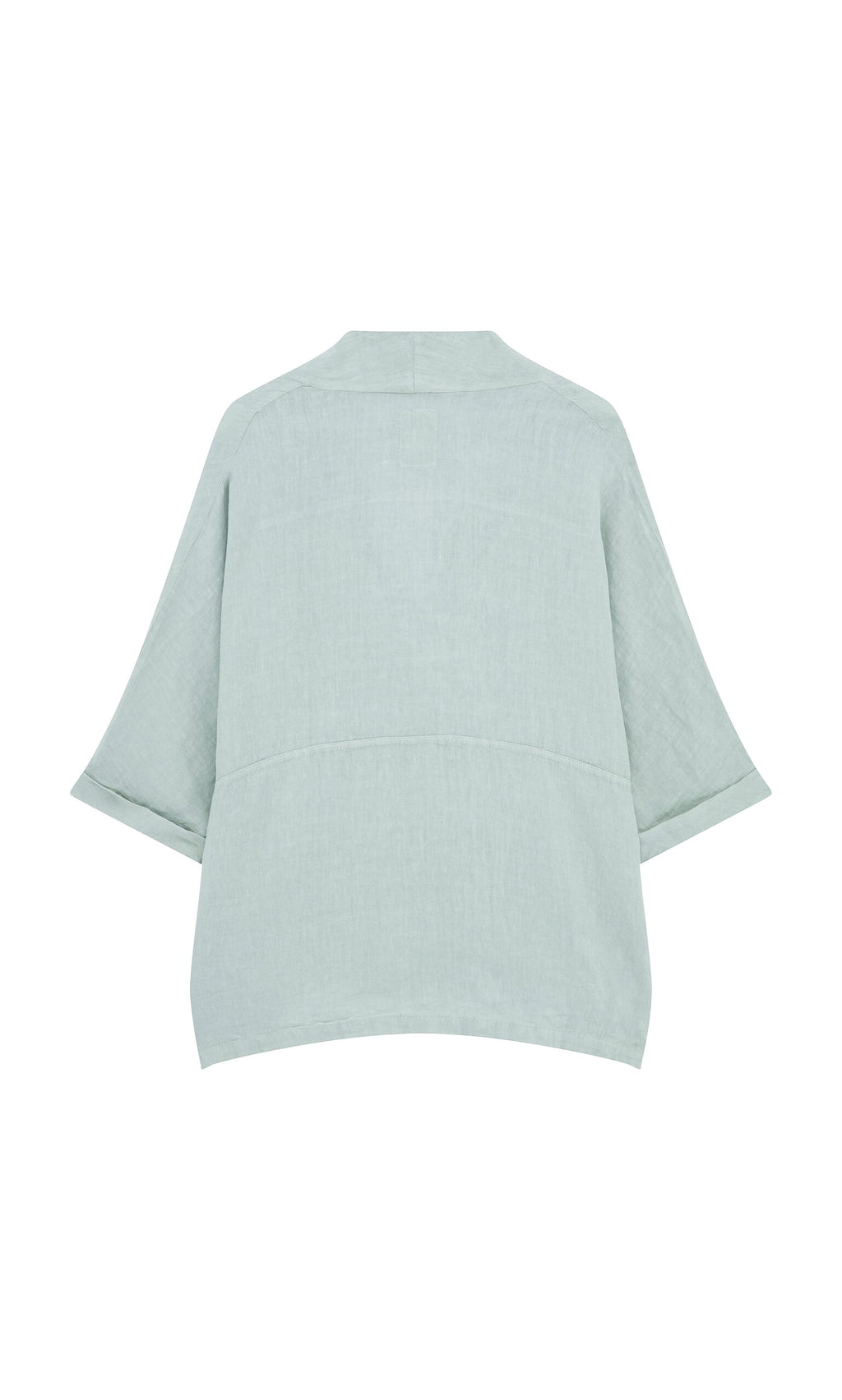 Plümo- Light green Wrapover Blouse with oversized relaxed fit and wide cropped sleeves, shown from the back on white.