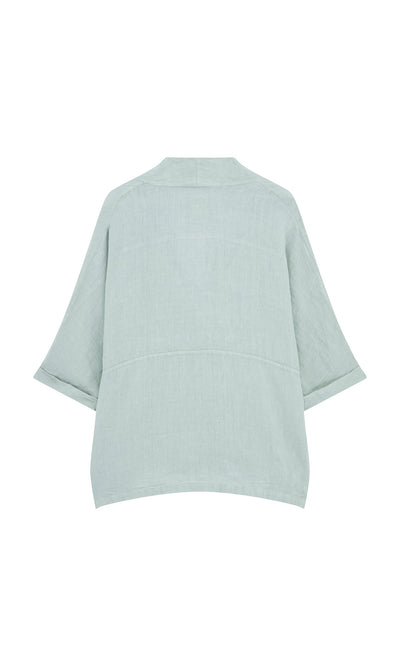 Plümo- Light green Wrapover Blouse with oversized relaxed fit and wide cropped sleeves, shown from the back on white.