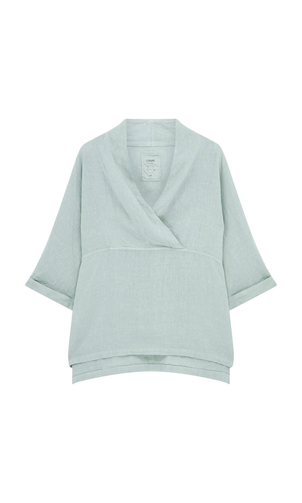 Plümo- Light green Wrapover Blouse with a V-neck and cuffed sleeves, shown on a white background.