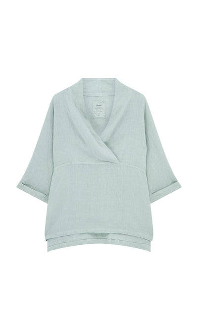 Plümo- Light green Wrapover Blouse with a V-neck and cuffed sleeves, shown on a white background.