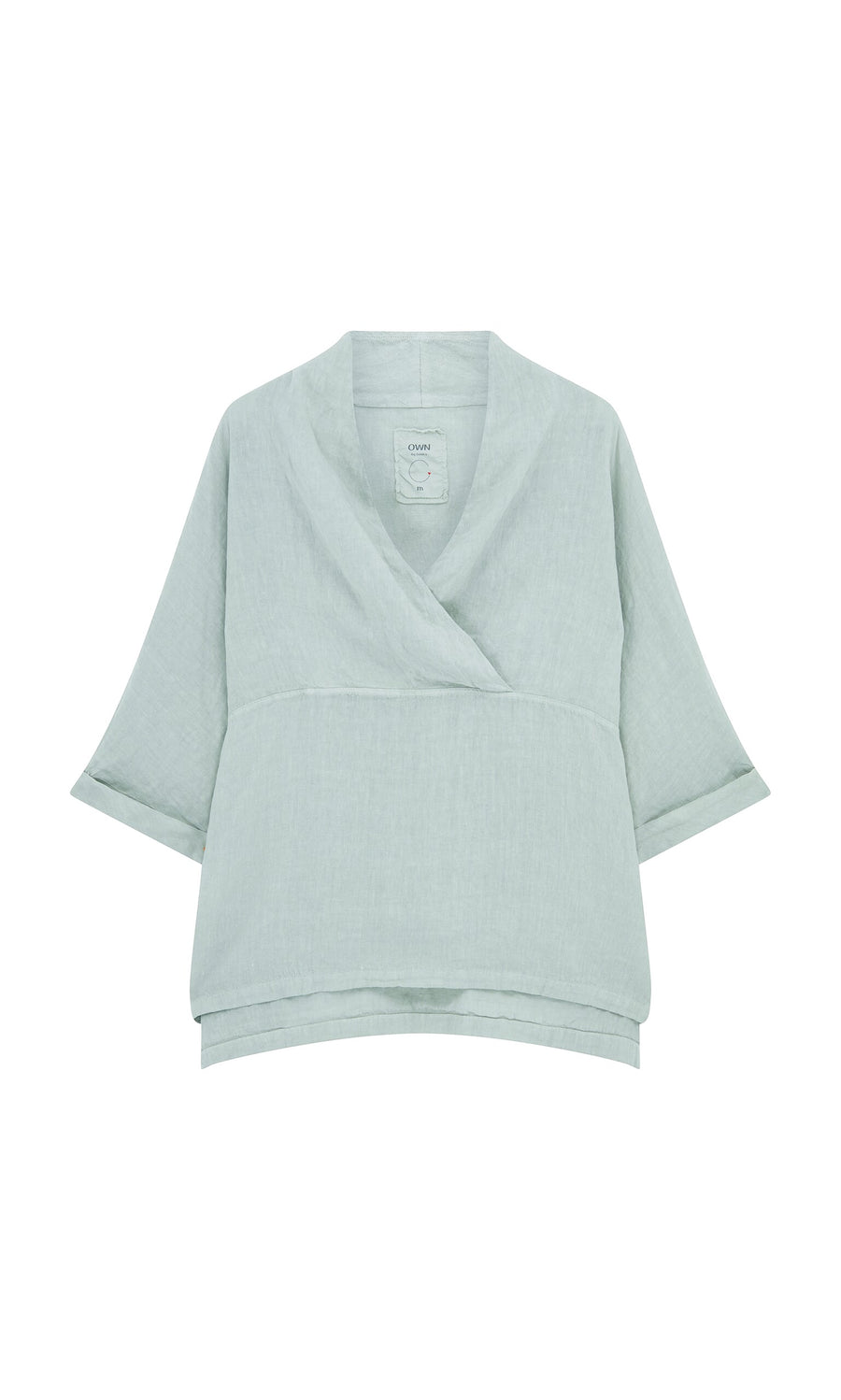 Plümo- Light green Wrapover Blouse with a V-neck and cuffed sleeves, shown on a white background.