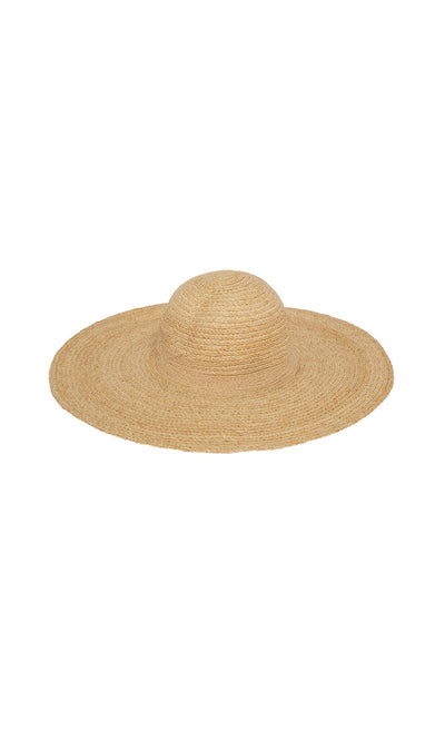 Plümo- The Serena Straw Hat features a rounded crown and wide brim for stylish sun protection on a plain white background.