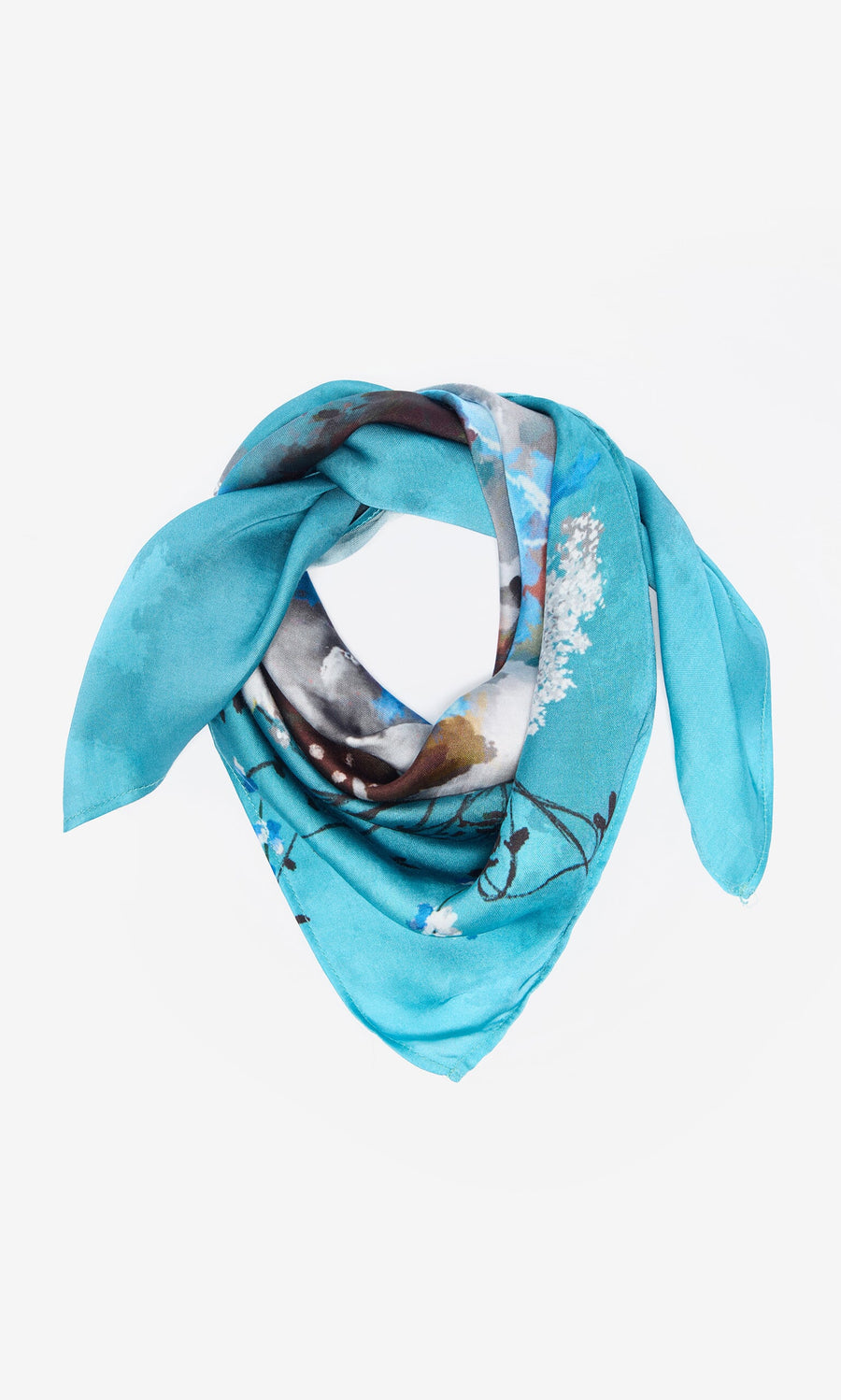 Plümo- An Ultramarine Necktie, shown folded in a triangle, features impressionistic florals on silk.