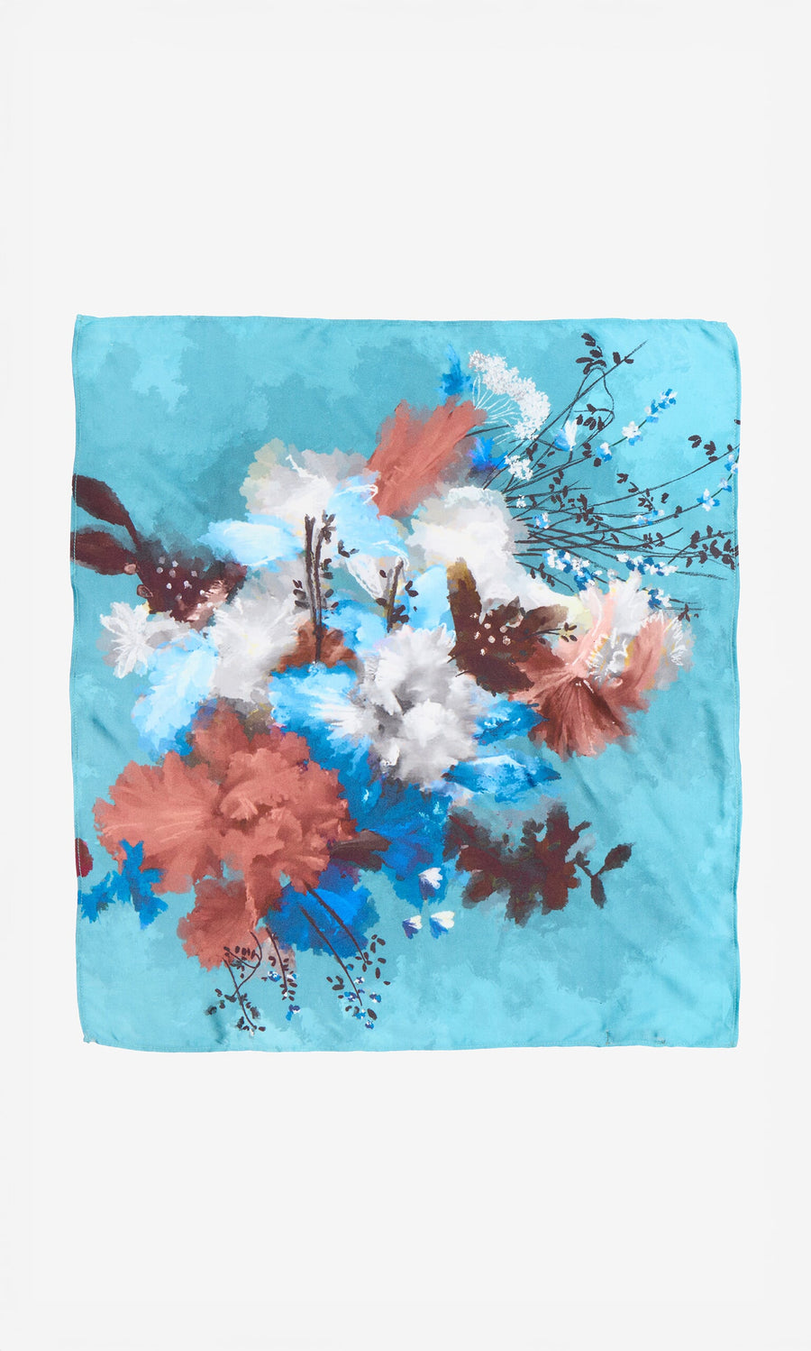 Plümo- Sustainably made Ultramarine Necktie featuring blue, white, brown, and red impressionistic florals on white.