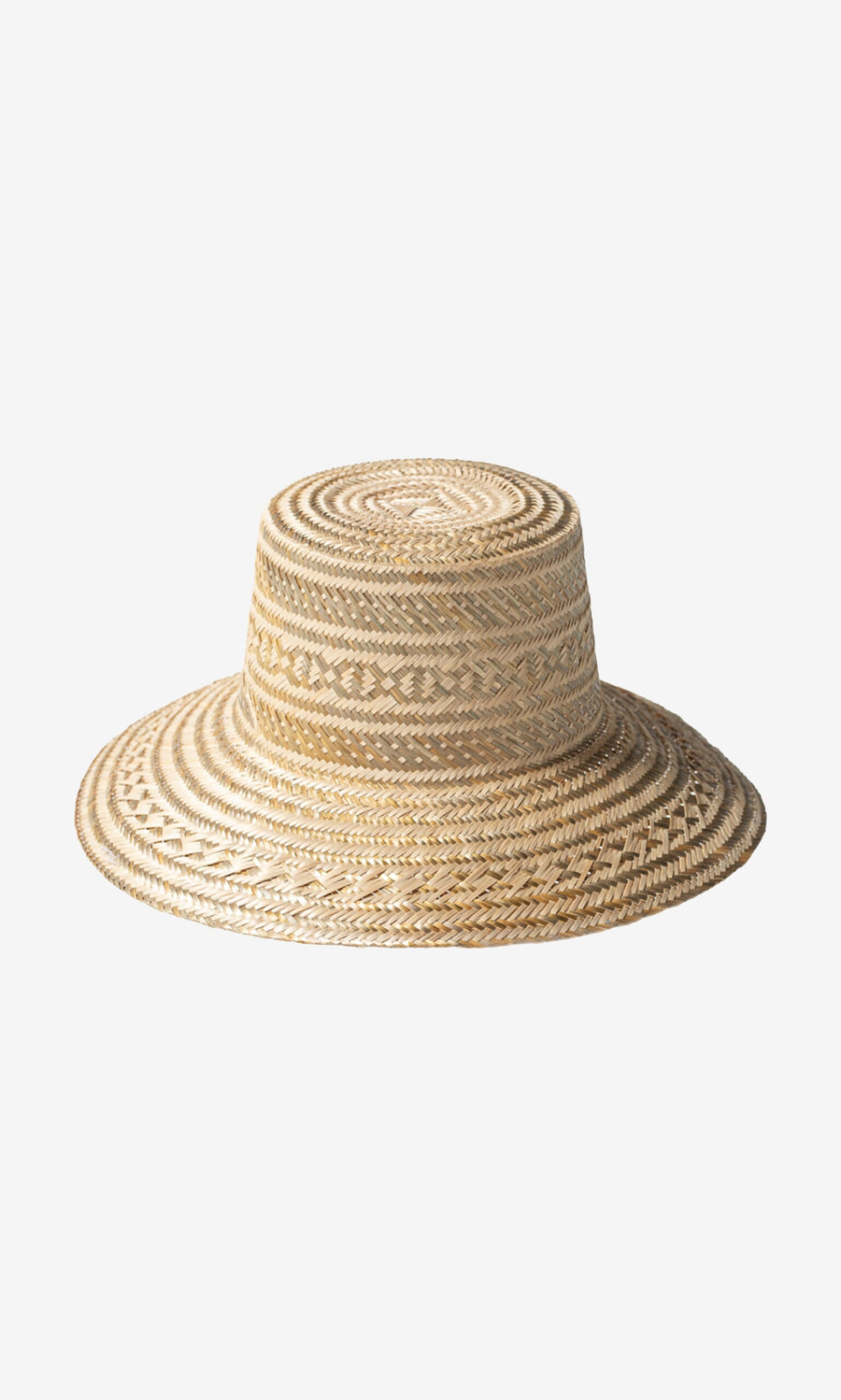 Plümo- Bogota Hat: Wide-brimmed toquilla palm leaf hat with flat top, decorative patterns, and a white background.
