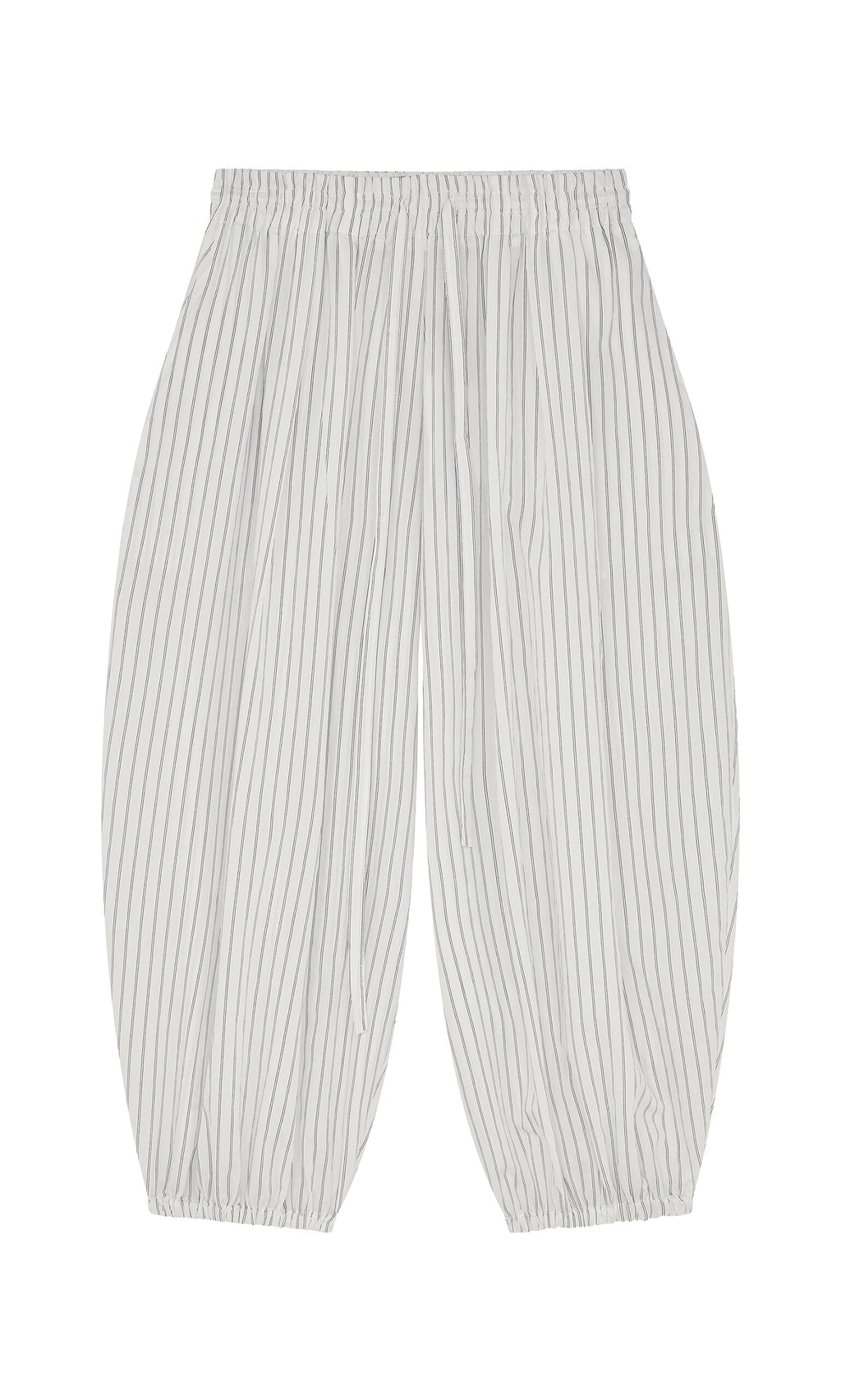 Plümo- Vento Pants: white balloon-leg pinstripe pants with elastic waist and ankles, shown laid flat on a white background.