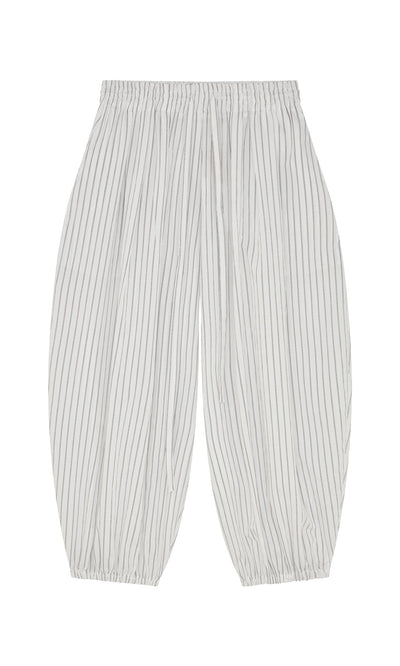 Plümo- Vento Pants: white balloon-leg pinstripe pants with elastic waist and ankles, shown laid flat on a white background.
