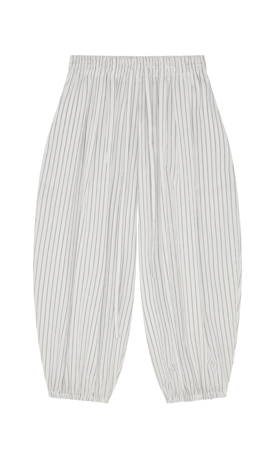 Plümo- Vento Pants: white balloon-leg pinstripe pants with elastic waist and ankles, shown laid flat on a white background.