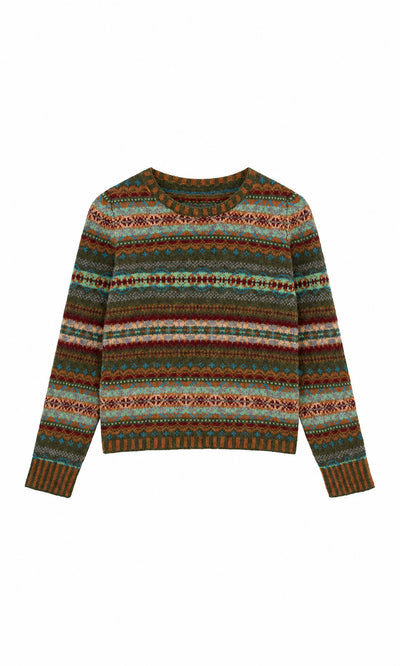 Plümo  Iona Fairisle Jumper, a long-sleeved crew neck sweater featuring a multi-colored, horizontal pattern.