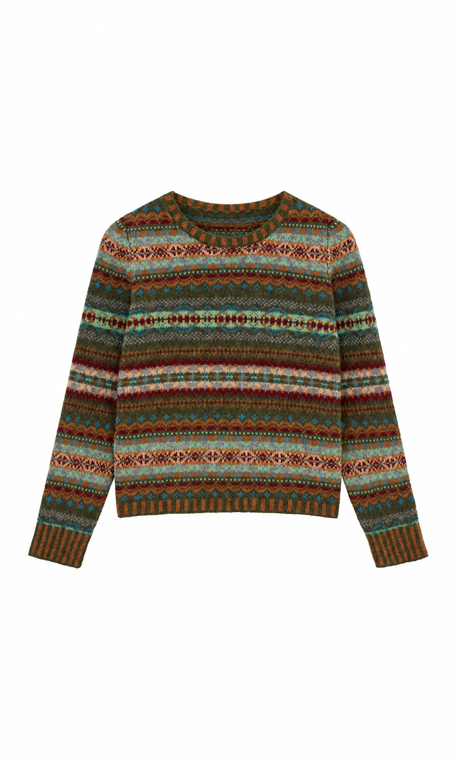 Plümo  Iona Fairisle Jumper, a long-sleeved crew neck sweater featuring a multi-colored, horizontal pattern.
