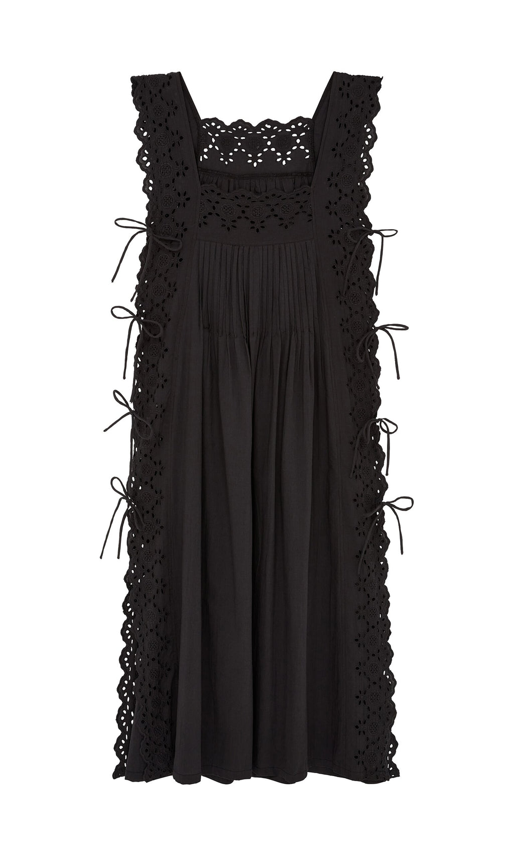 Plümo- Vintage Lace Dress: Sleeveless black broderie anglaise maxi with pleated front, side ties, and eyelet lace trim.