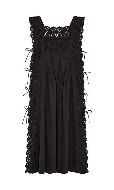 Plümo- Vintage Lace Dress: Sleeveless black broderie anglaise maxi with pleated front, side ties, and eyelet lace trim.