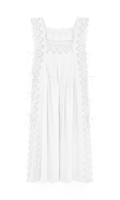 Plümo- Vintage Lace Dress - White with broderie anglaise, lace trim, and side tie closures on a plain white background.