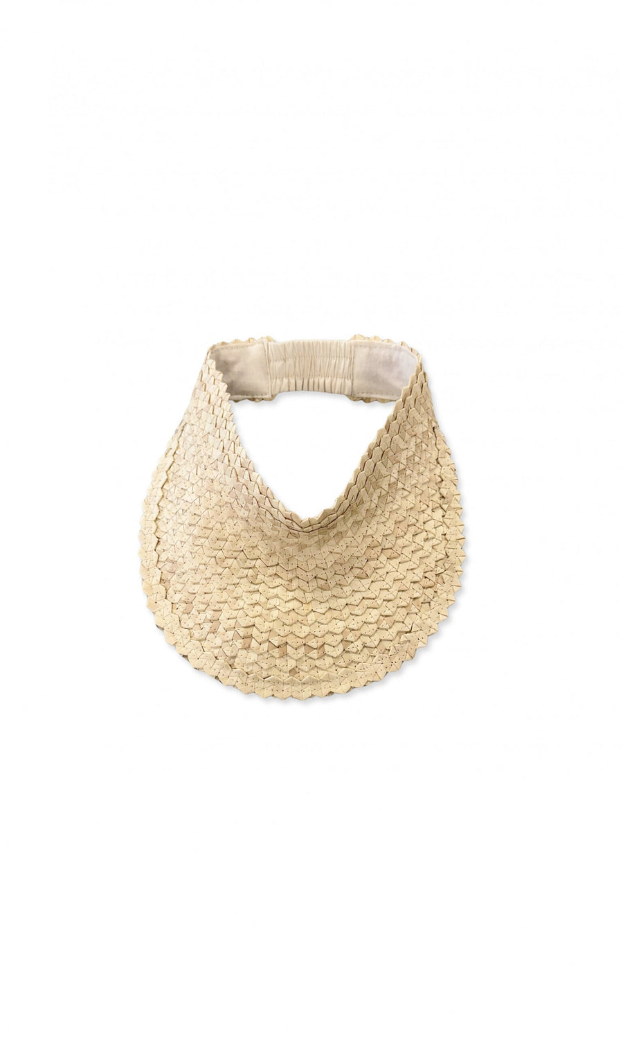 Plümo- The Maris Sun Visor - Natural is a sustainable, handwoven palm visor with an elastic browband, shown on white.