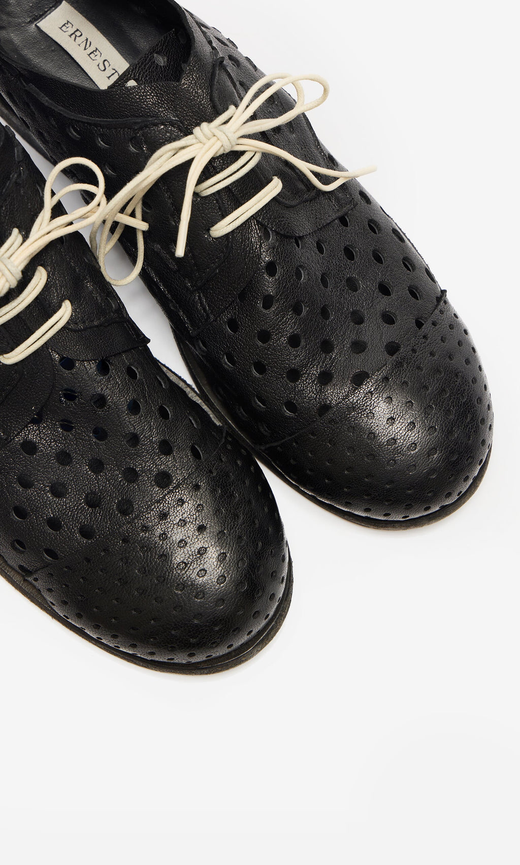 Plümo- Black Derby Brogues with white laces, featuring Ernesto branding inside; made in Italy.