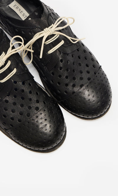 Plümo- Black Derby Brogues with white laces, featuring Ernesto branding inside; made in Italy.