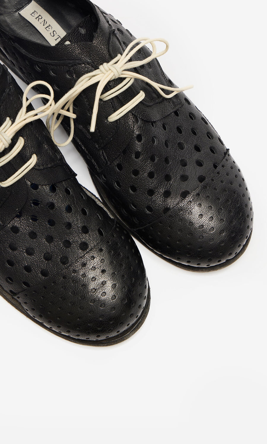 Plümo- Black Derby Brogues with white laces, featuring Ernesto branding inside; made in Italy.