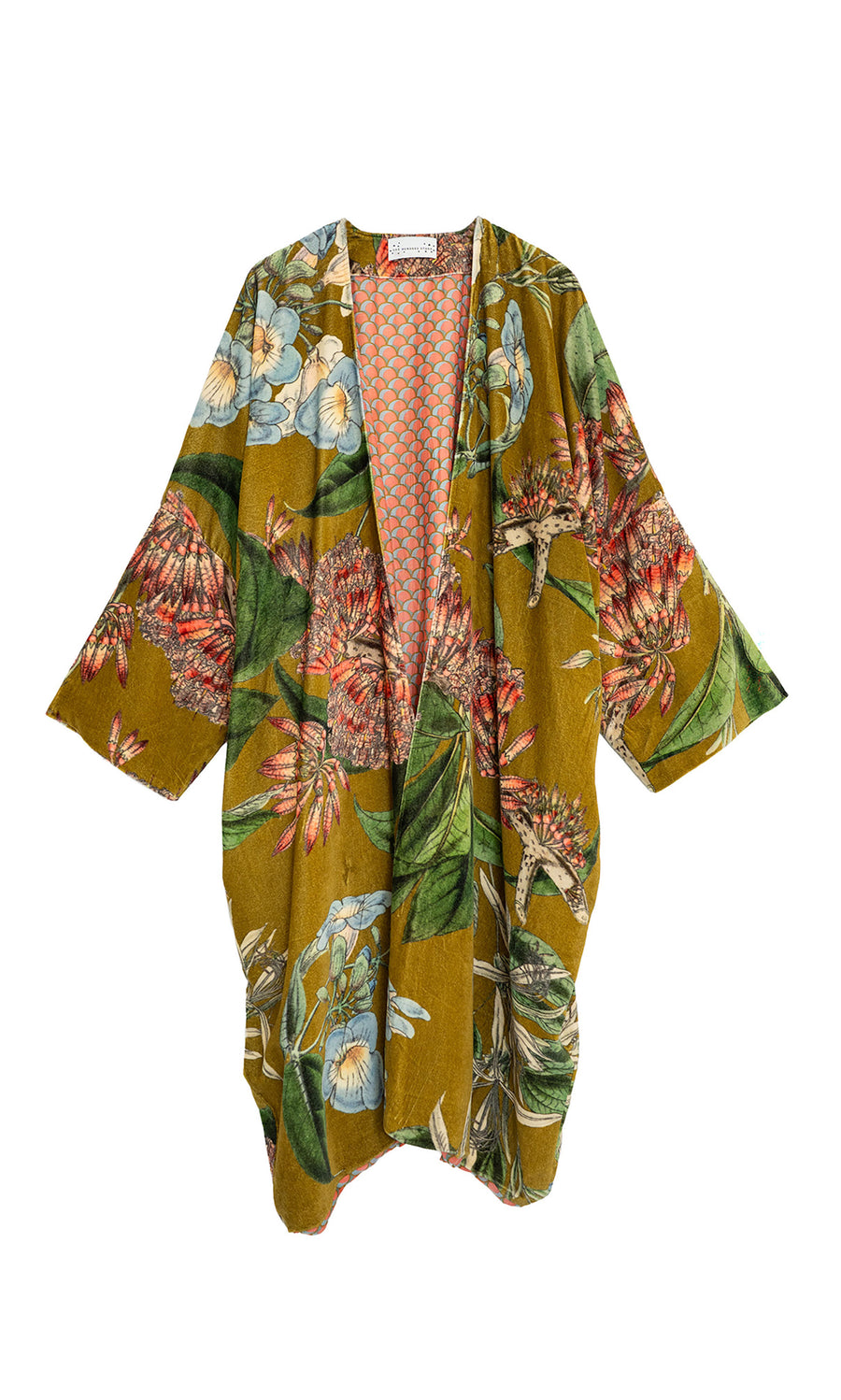 Plümo  Aurelie Velvet Coat in olive green floral with an open front and a pink patterned lining.
